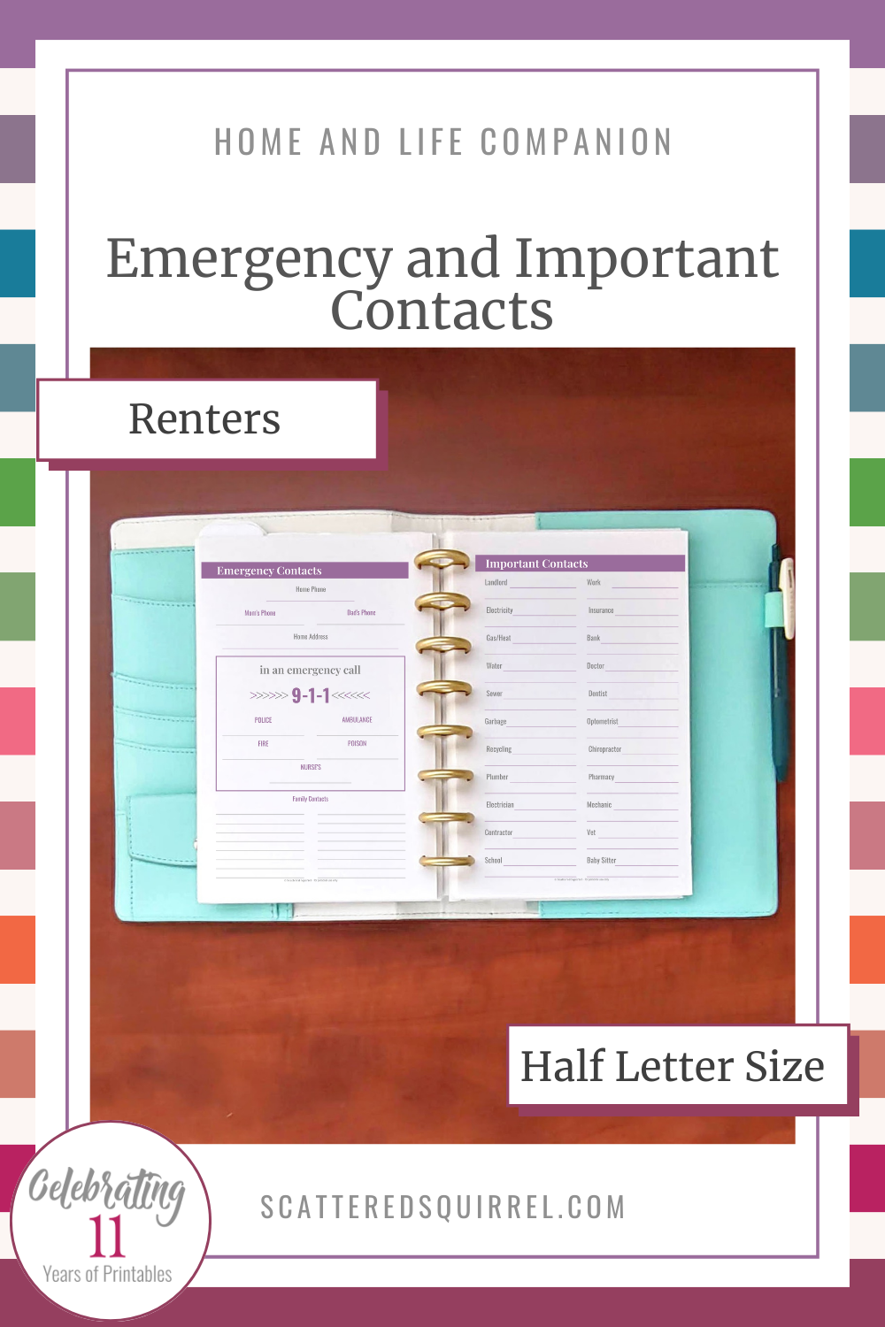 This image links to the half letter size Emergency and Important Contacts for Renters PDF printable.