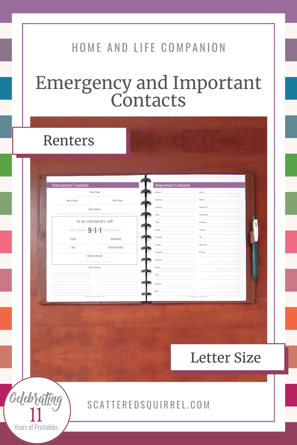 This image links to the letter size Emergency and Important Contacts for Renters PDF printable.