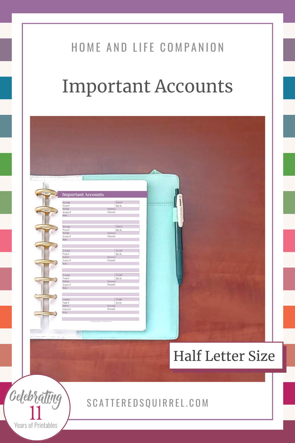 This image links to the half letter size Important Accounts PDF printable.