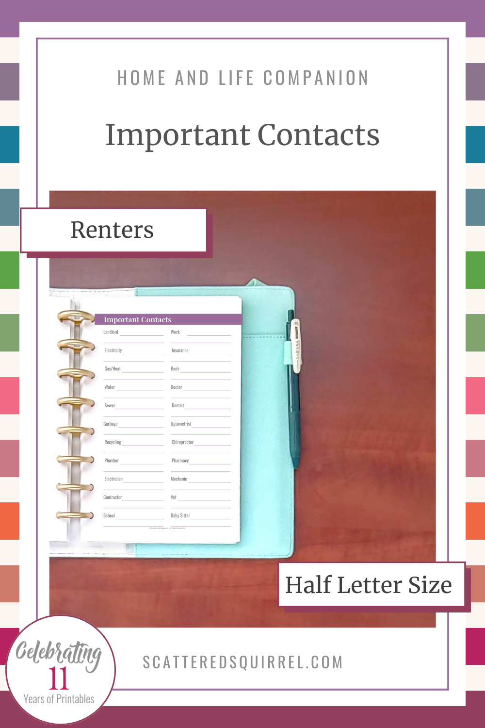 This image links to the half letter size Important Contacts for Renters PDF printable.