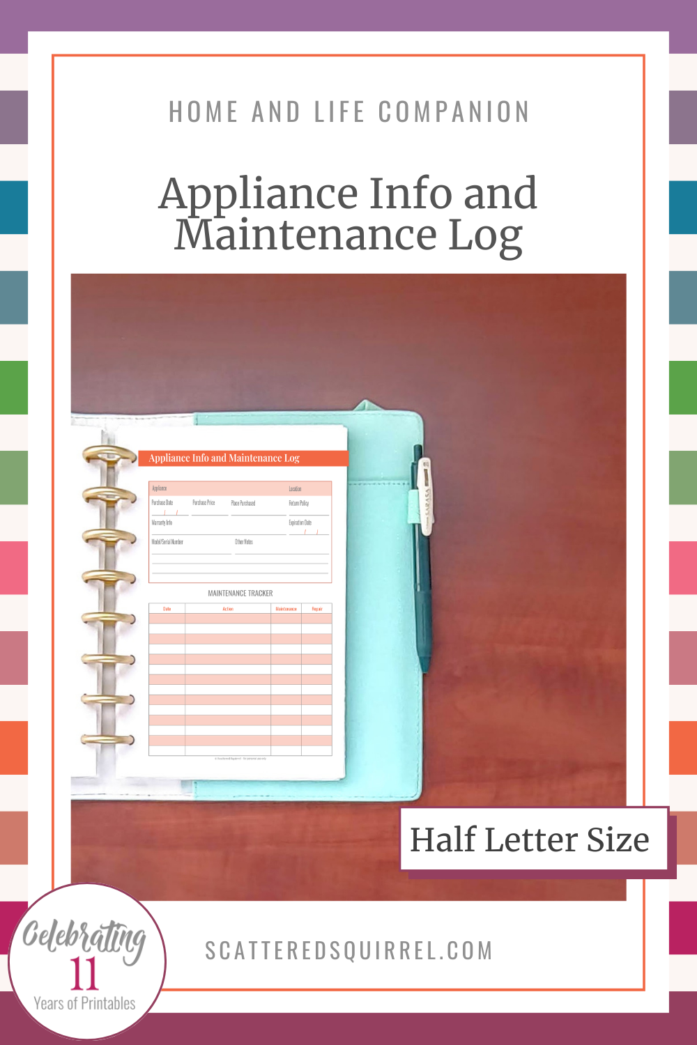 This image links to the half-letter size Appliance Info and Maintenance Log printable PDF.