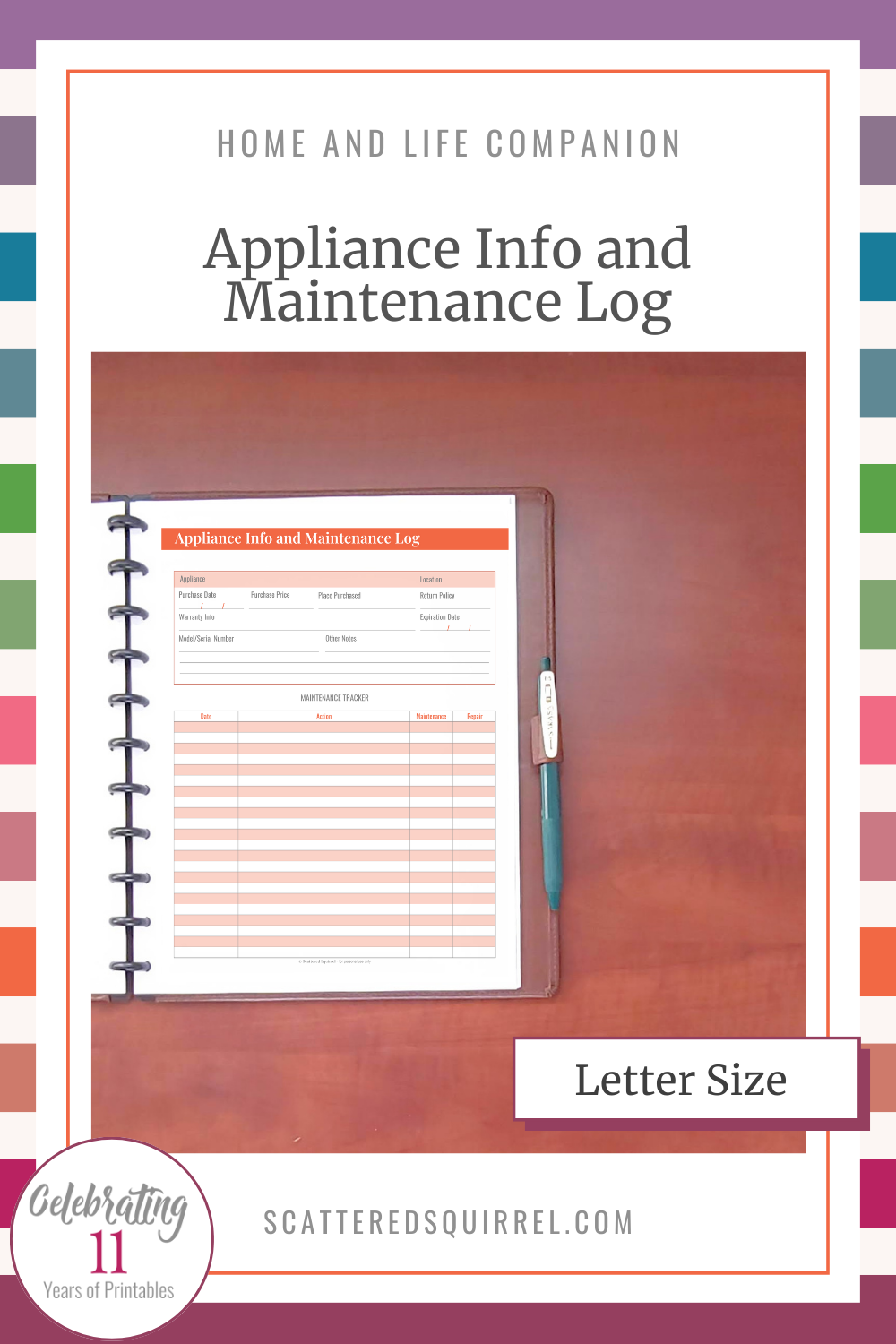 This image links to the letter size Appliance Info and Maintenance Log printable PDF.