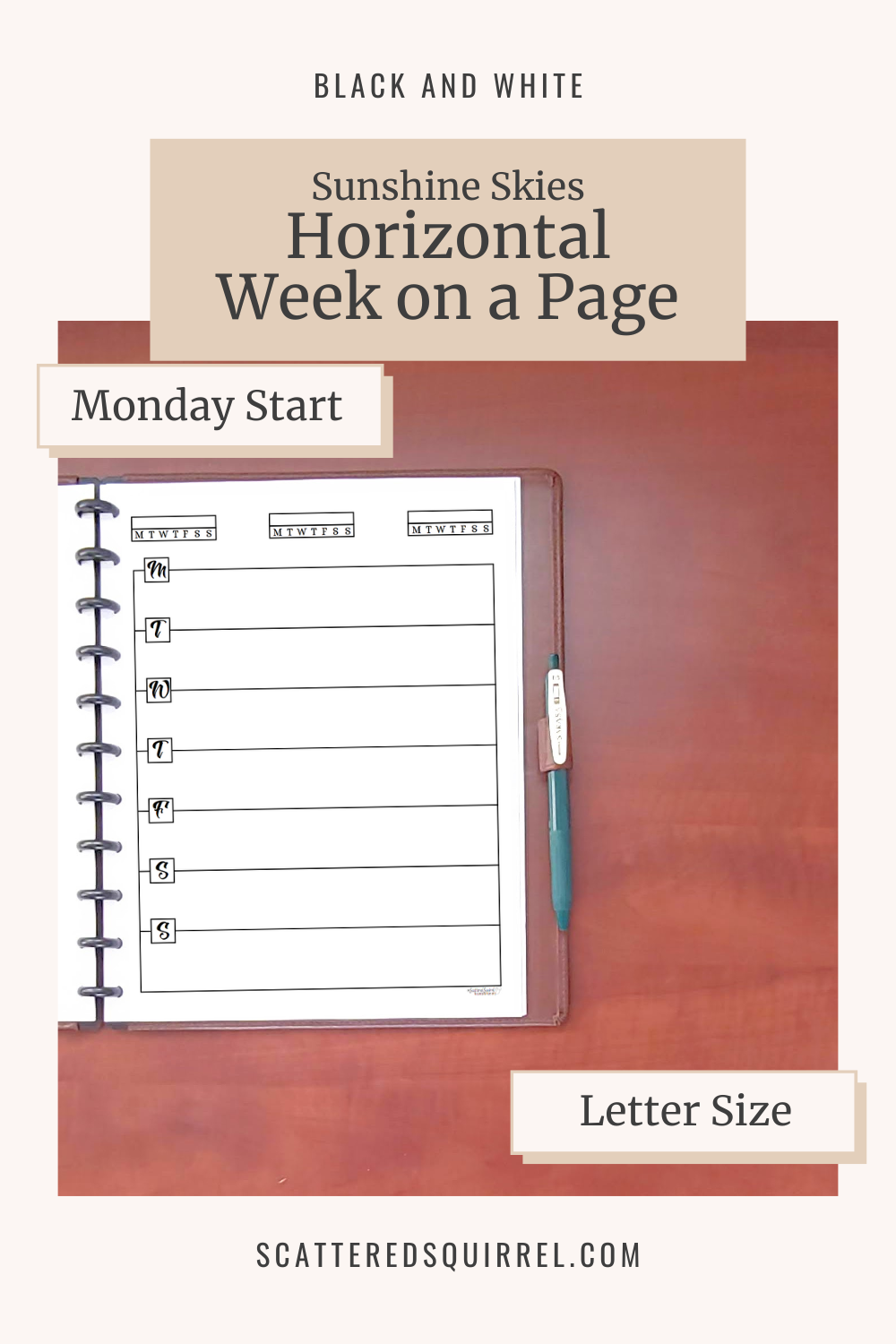 This image links to the letter size, Black and White version of the Sunshine Skies Horizontal Week on a Page, Monday Start printable PDF.