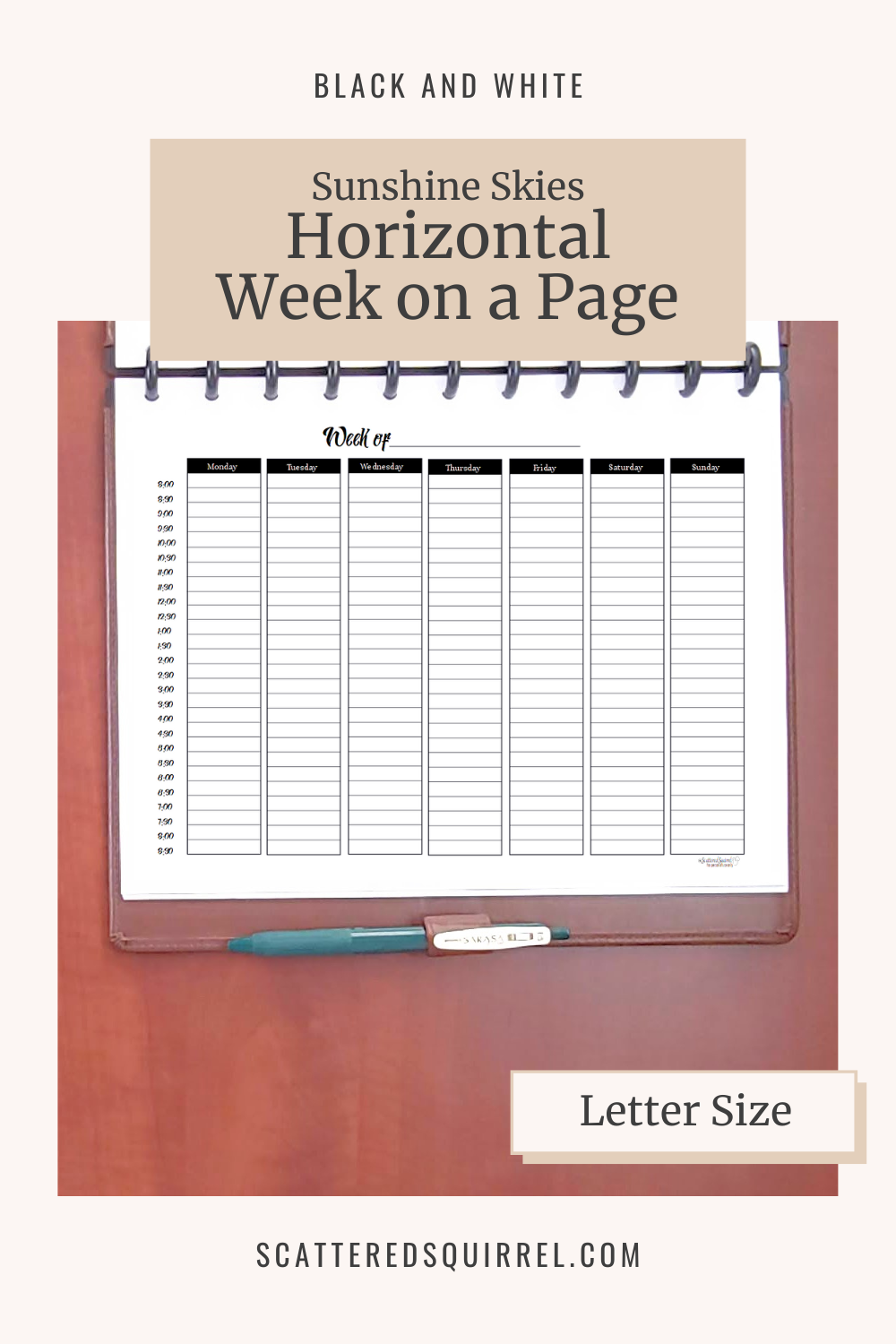 This image links to the letter size, Black and White version of the Sunshine Skies Landscape Horizontal Week on a Page planner printable PDF.