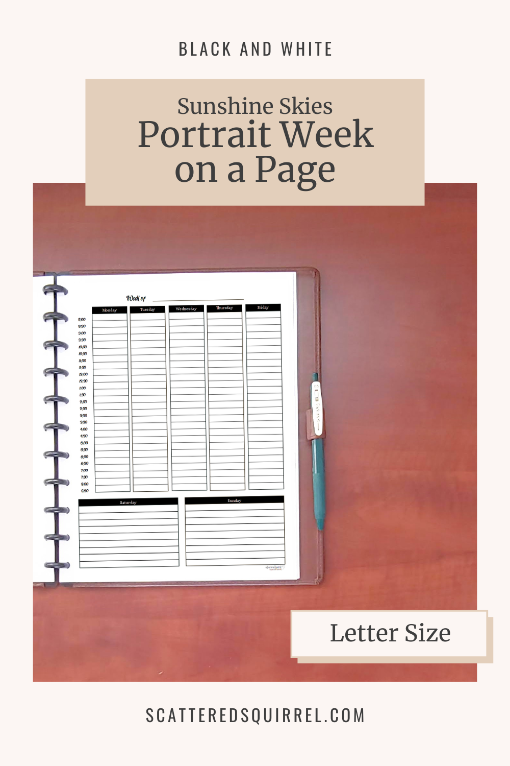 This image links to the letter size, Black and White version of the Sunshine Skies Portrait, Week on a Page planner printable PDF.