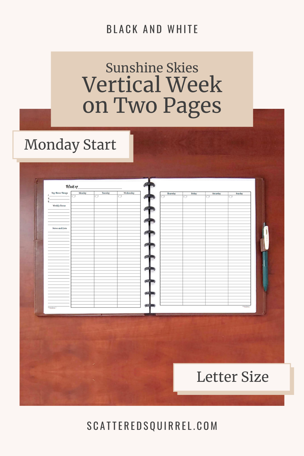 This image links to the letter size, Black and White version of the Sunshine Skies Vertical Week on Two Pages - Monday Start printable PDF.