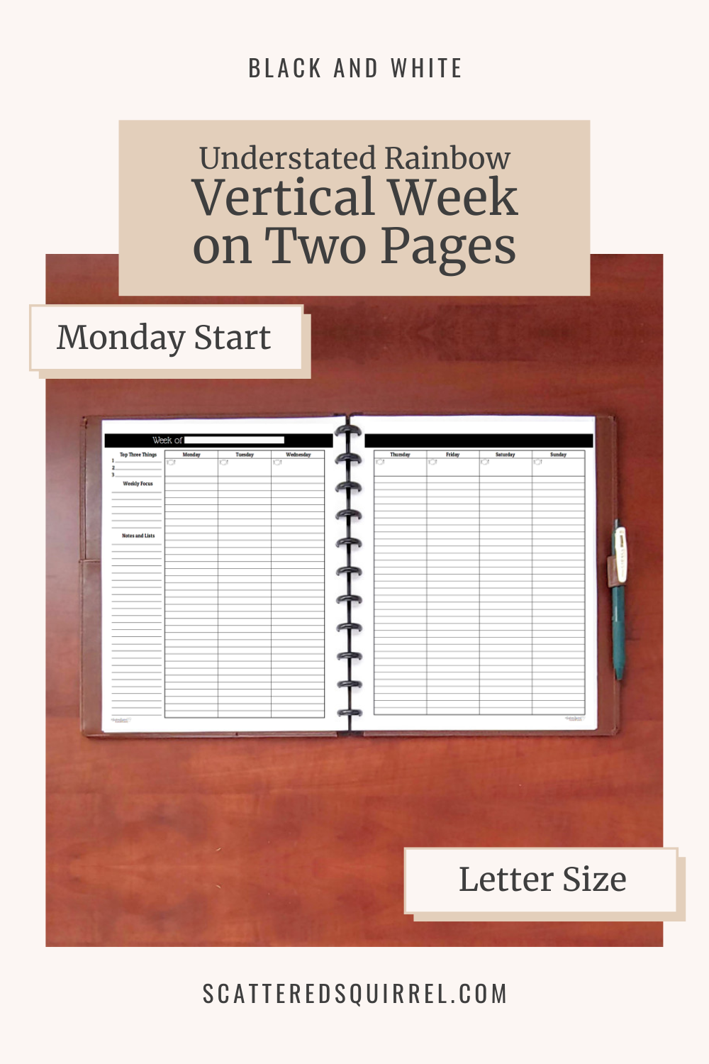 This image links to the letter size, Black and White version of the Understated Rainbow Vertical Week on Two Pages - Monday Start printable PDF.