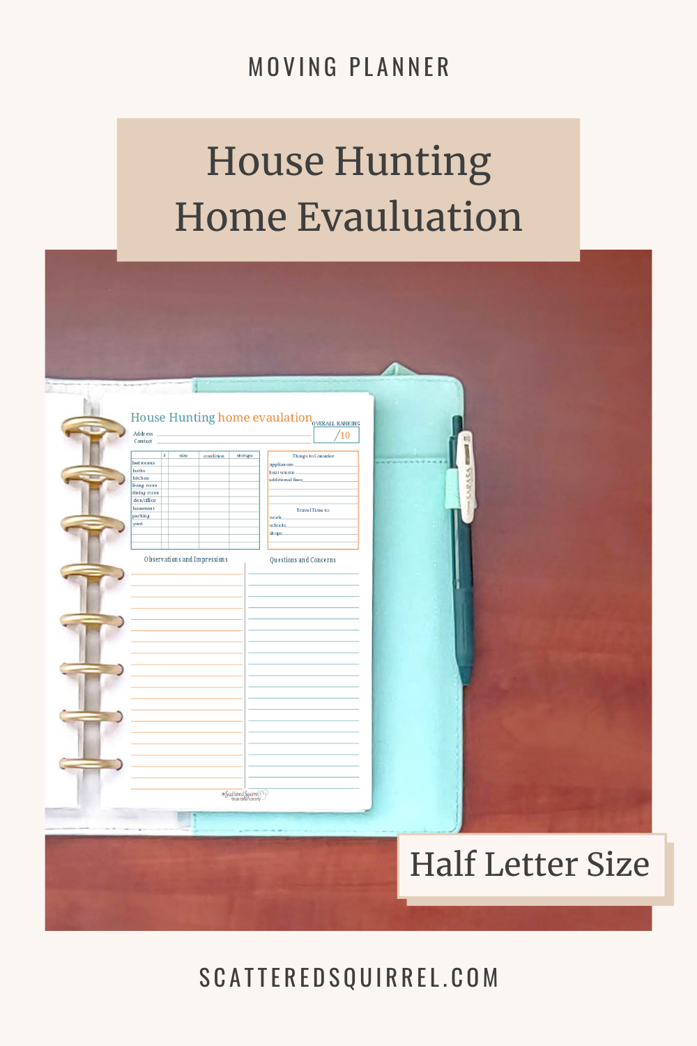 This image links to the half letter size, House Hunting Home Evaluation printable PDF