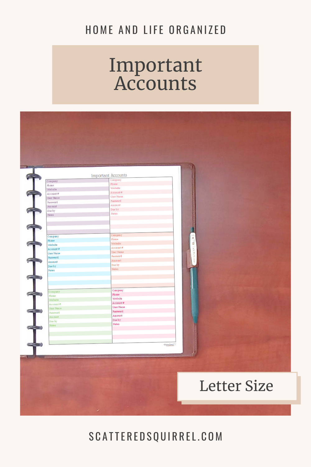 This image links to the letter size, Important Accounts printable PDF.