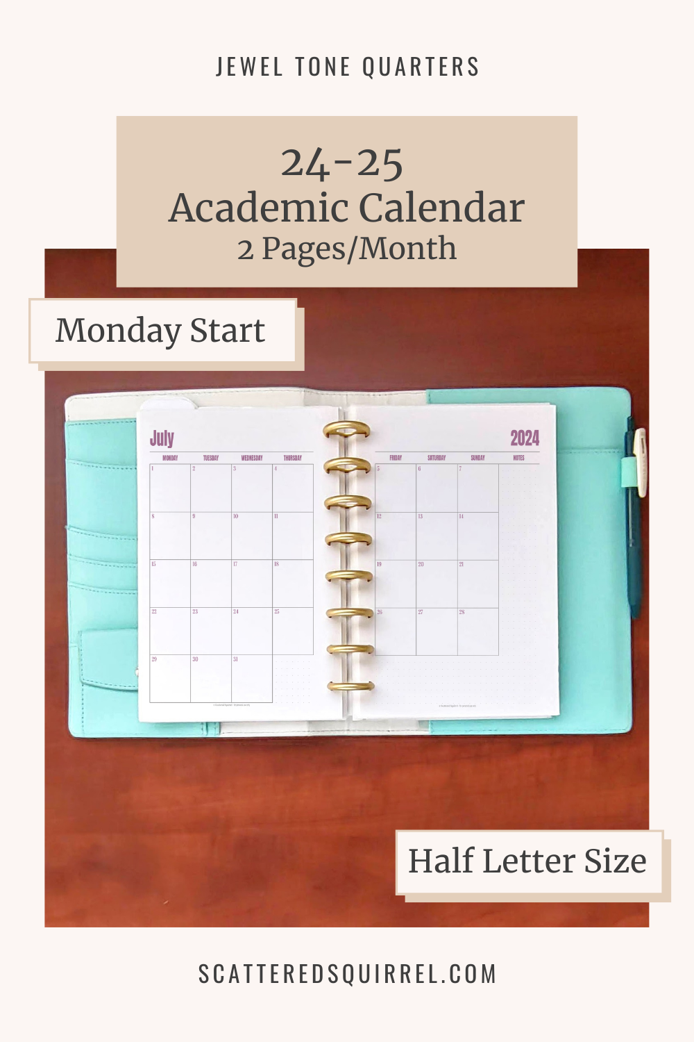 This image links to the half letter size, Monday start, 2 pages per month, 2024-2025 Academic Calendar PDF printable.