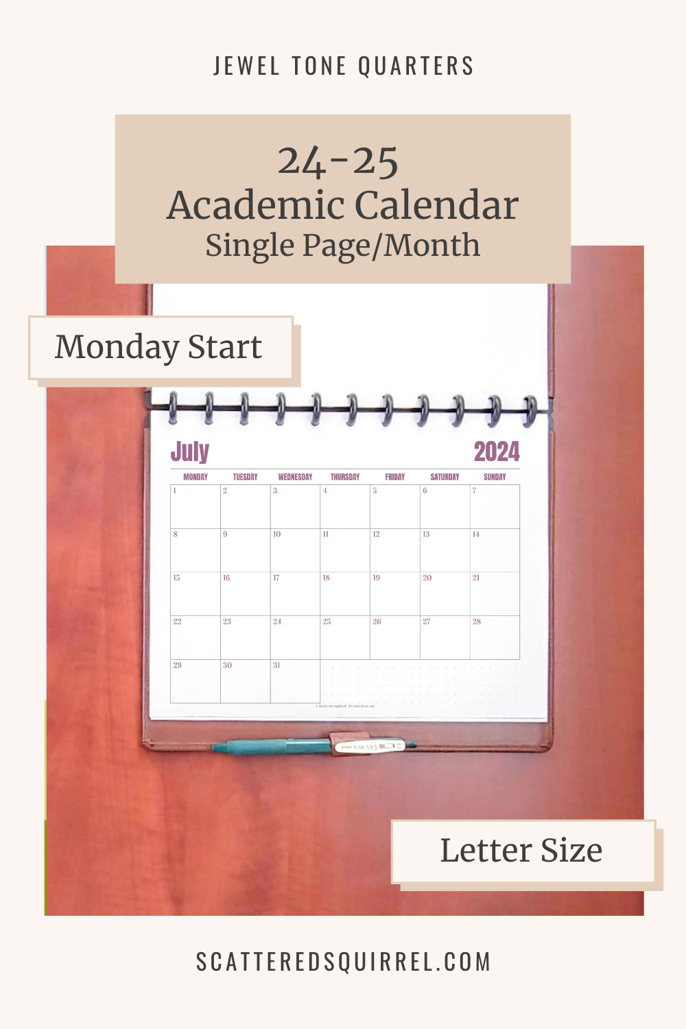 This image links to the letter size, Monday start, single page per month, 2024-2025 Academic Calendar PDF printable.