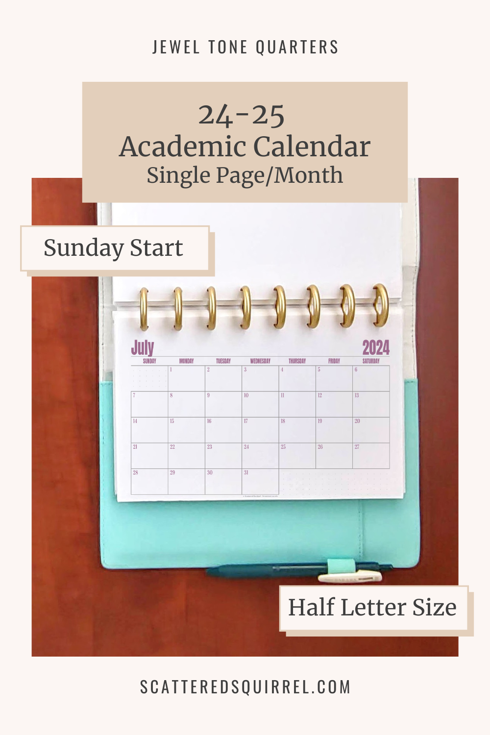 This image links to the half letter size, Sunday start, single page per month, 2024-2025 Academic Calendar PDF printable.