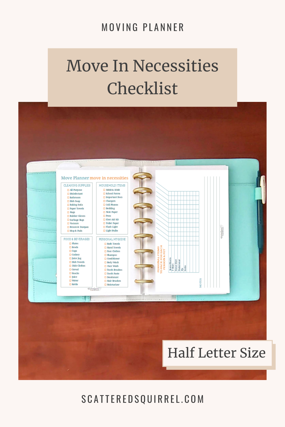 This image links to the half letter size, Move In Necessities Checklist printable PDF