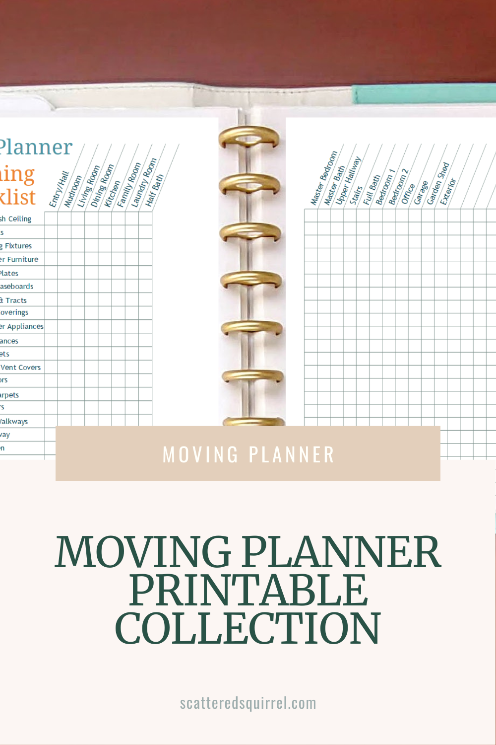 The image starts with a close up photo of the top centre of a teal and white leather like planner laying on a wooden desk. The planner pages show a move out cleaning checklist planner budget with a table for categorized expenses on one page and a utilities and services fees planner on the other. Overlapping the photo and the sand background of the last third of the image, is a tan box with white text that says "Moving Planner." In the sand coloured area at the bottom of the image is dark green text that says "Moving Planner Printable Collection."