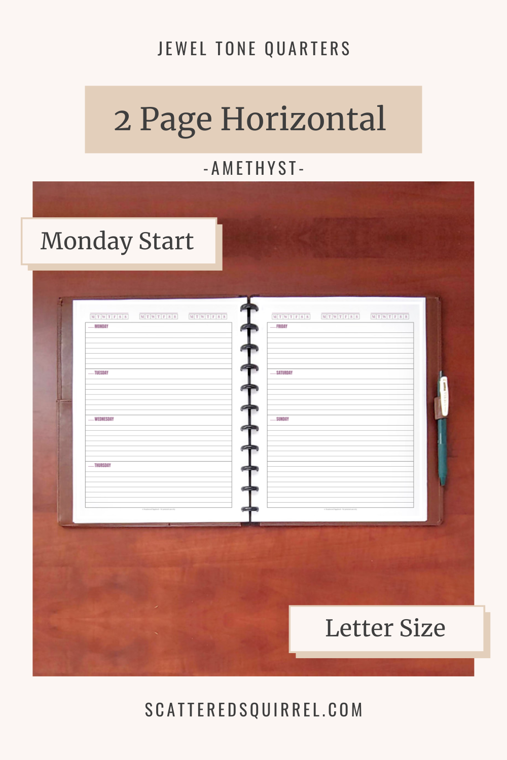 This image links to the letter size, Monday start, Horizontal 2 Pages Per Week planner pdf printable in the colour Amethyst. It's part of the Jewel Tone Quarters Collection of planner printables.