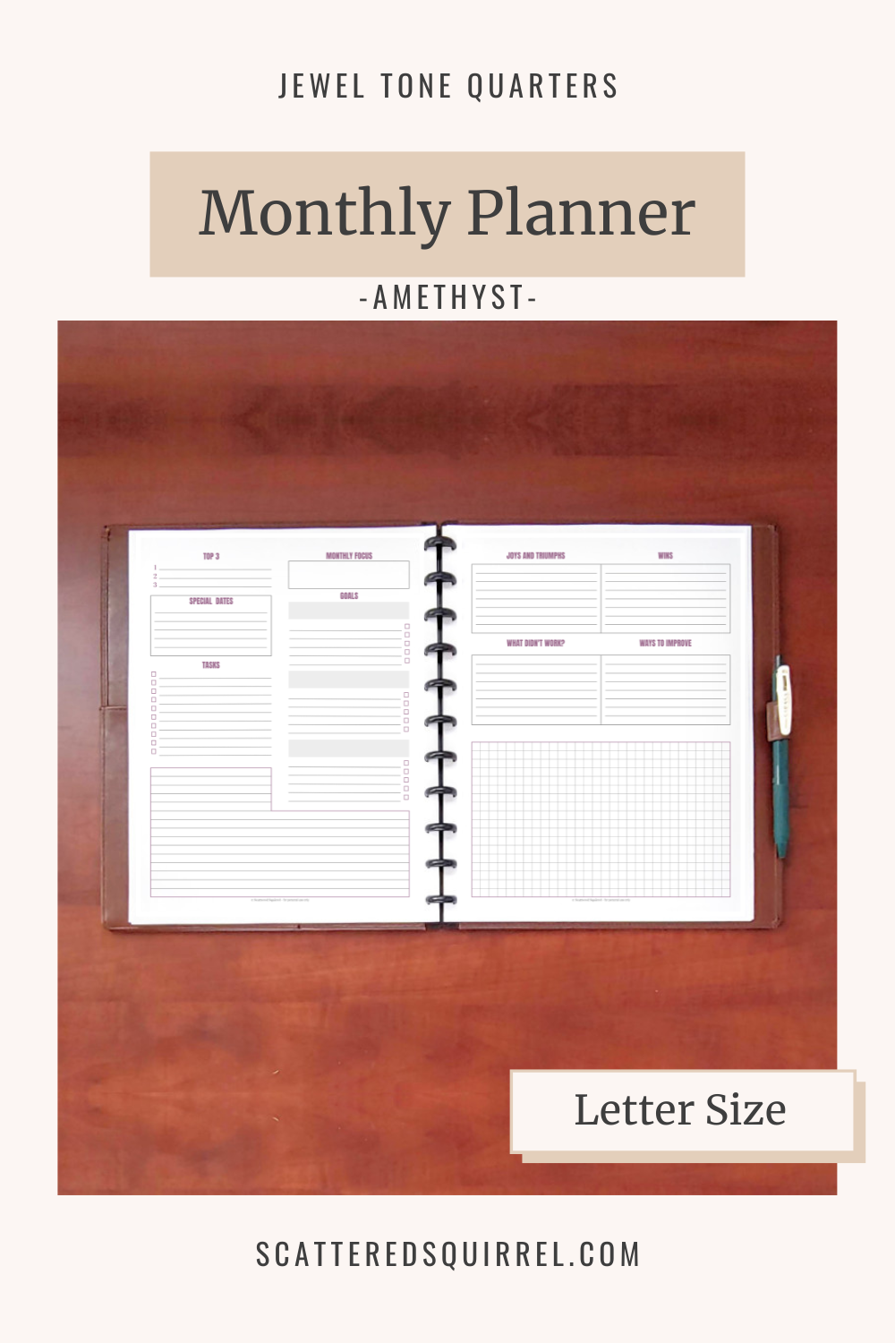 This image links to the letter size, Monthly Planner pdf printable in the colour Amethyst. It's part of the Jewel Tone Quarters Collection of planner printables.