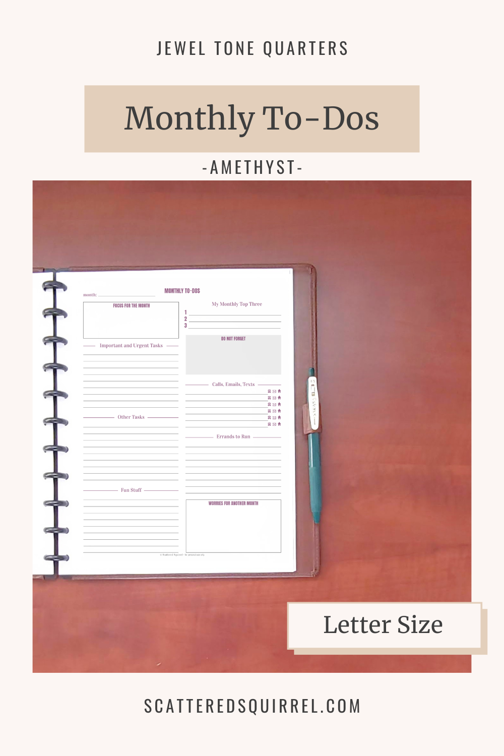 This image links to the letter size, Monthly To-Dos pdf printable in the colour Amethyst. It's part of the Jewel Tone Quarters Collection of planner printables.