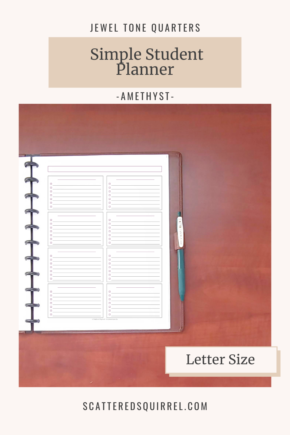 This image links to the letter size, Simple Student Planner pdf printable in the colour Amethyst. It's part of the Jewel Tone Quarters Collection of planner printables.