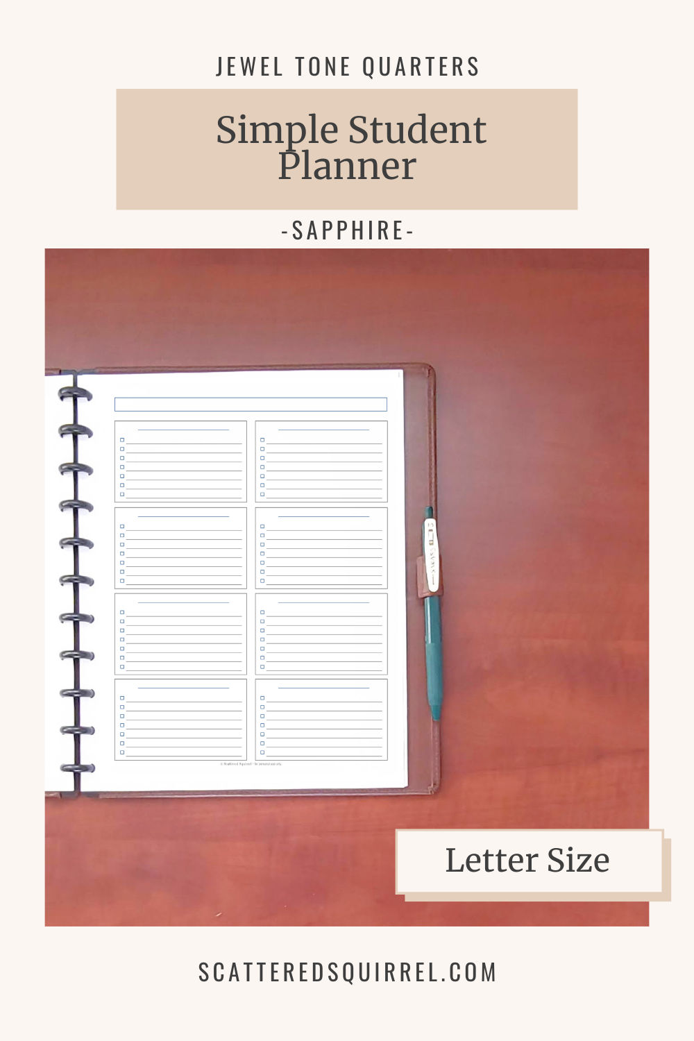 This image links to the letter size, Simple Student Planner pdf printable in the colour Sapphire. It's part of the Jewel Tone Quarters Collection of planner printables.