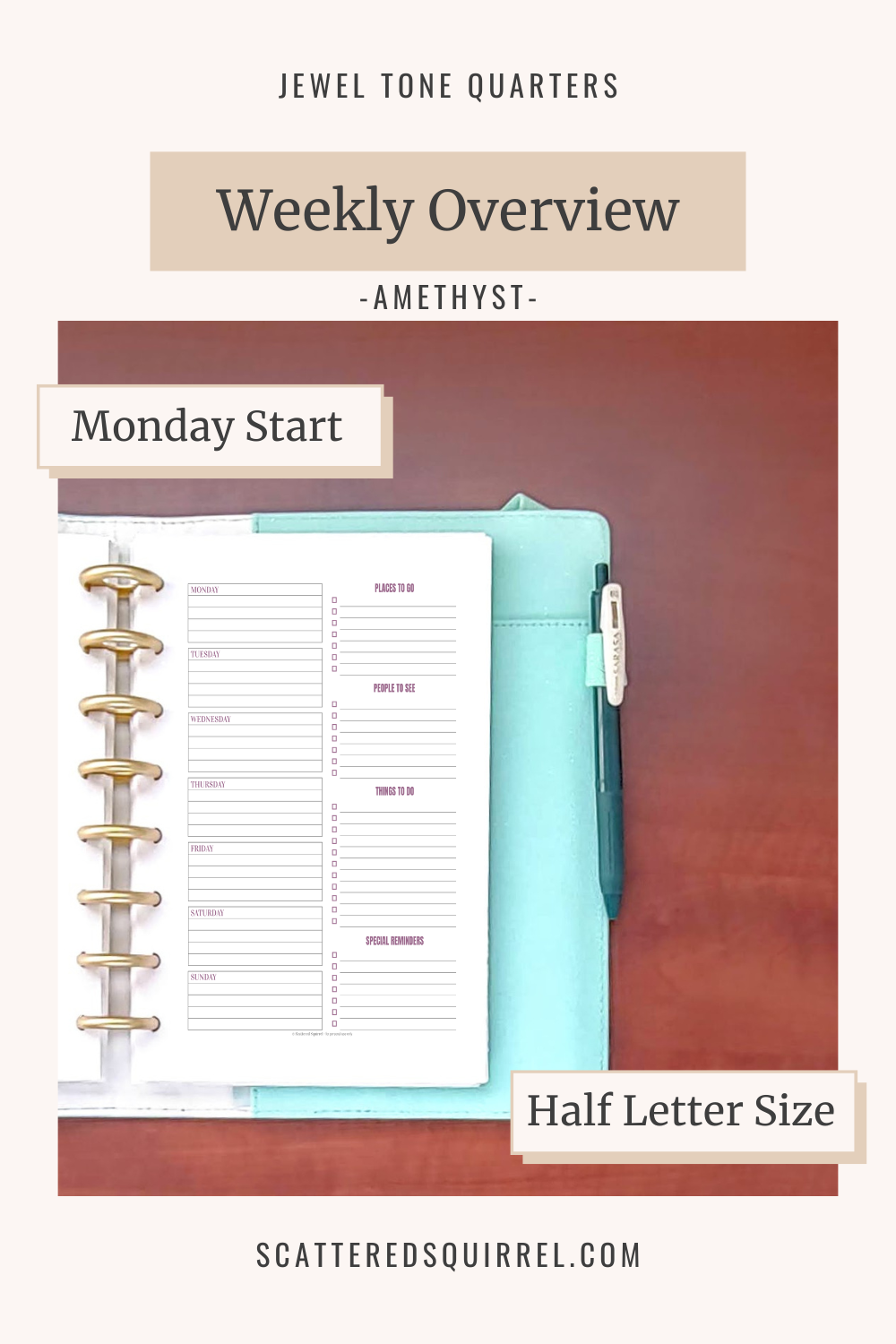 This image links to the half letter size, Monday start, Weekly Overview pdf printable in the colour Amethyst. It's part of the Jewel Tone Quarters Collection of planner printables.