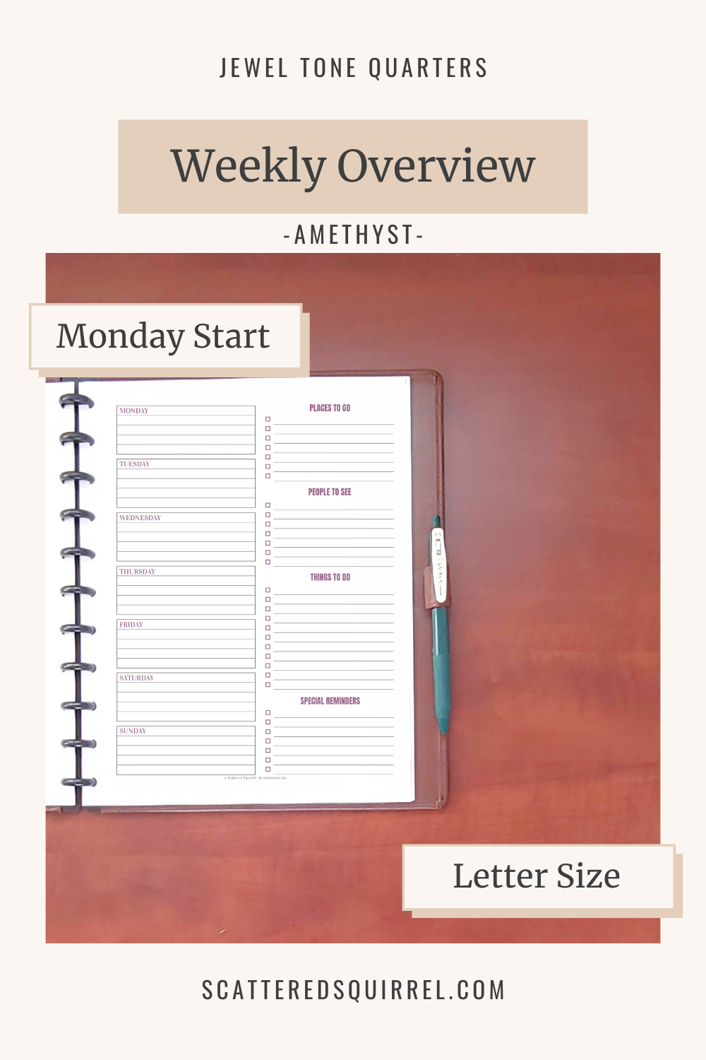 This image links to the letter size, Monday start, Weekly Overview pdf printable in the colour Amethyst. It's part of the Jewel Tone Quarters Collection of planner printables.