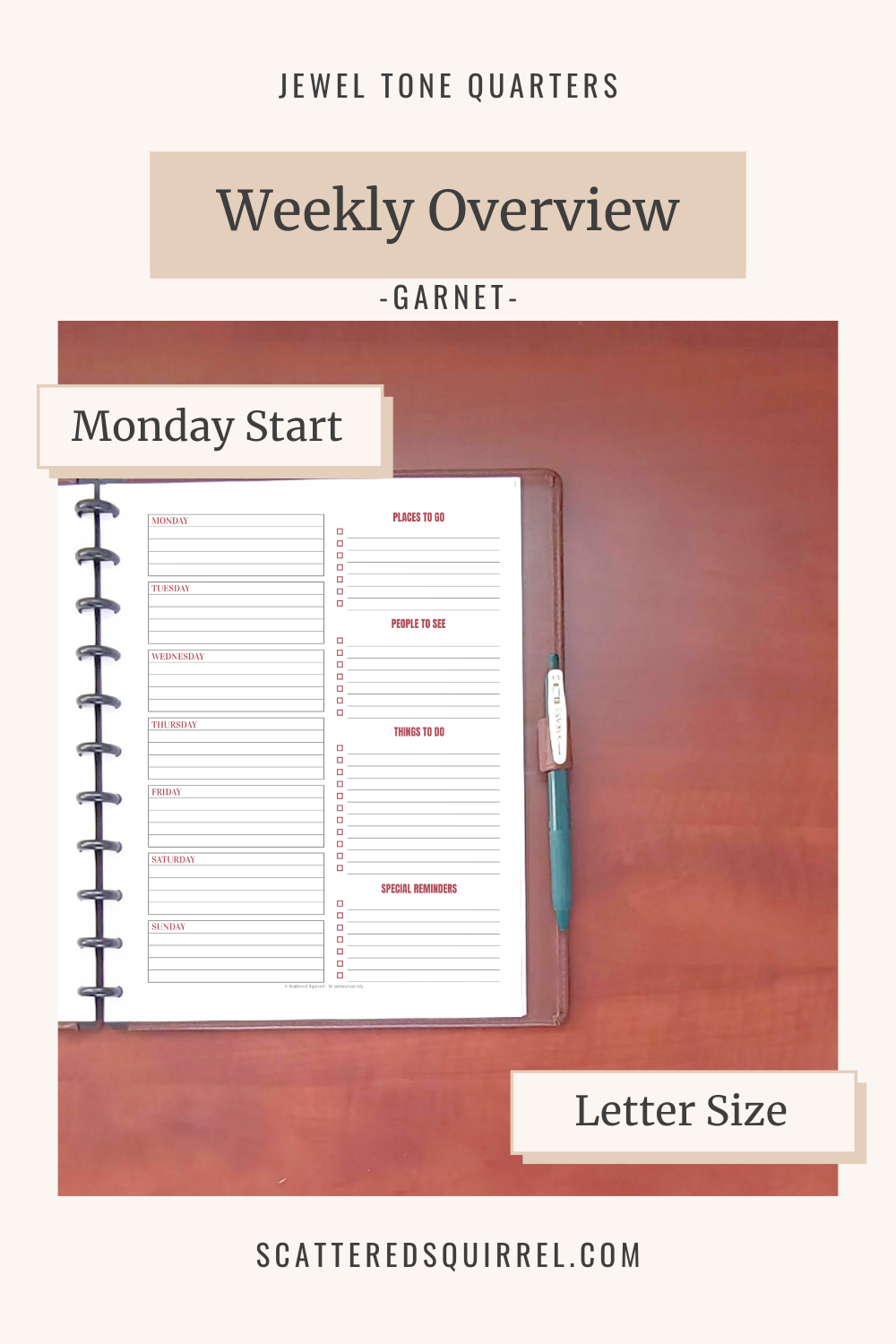 This image links to the letter size, Monday start, Weekly Overview pdf printable in the colour Garnet. It's part of the Jewel Tone Quarters Collection of planner printables.