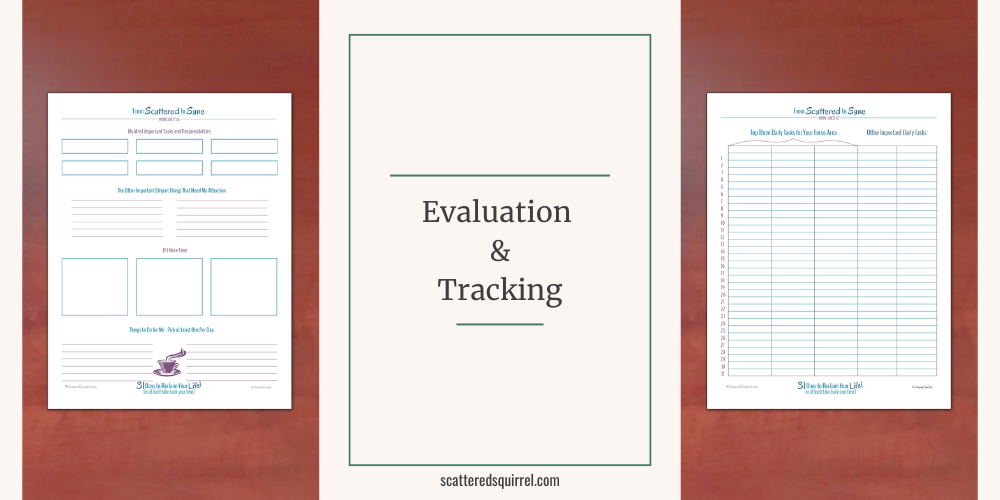 This image is a long rectangle in landscape orientation. The backgoundd is a light sandy colour. On the left is a tall, portrait oriented picture of a planning worksheet on a wooden surface. In the centre is the outline of a tall rectangle in dark green. Then the words "Evaluation and Tracking" are sandwiched between two thin lines of the same green. On the right is another portrait oriented picture of a planning worksheet on a wooden surface.