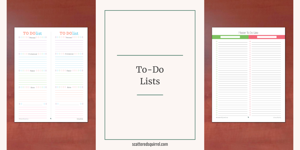 This image is a long rectangle in landscape orientation. The backgoundd is a light sandy colour. On the left is a tall, portrait oriented picture of a to-do list page on a wooden surface. In the centre is the outline of a tall rectangle in dark green. Then the words "To-Do Lists" are sandwiched between two thin lines of the same green. On the right is another portrait oriented picture of a master to-do lists page on a wooden surface.