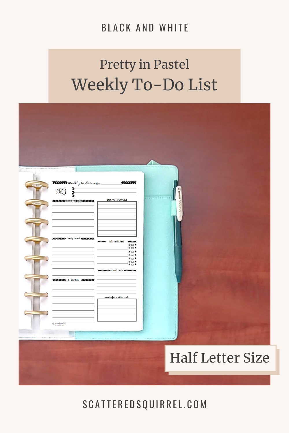 This image links to the half letter size, Black and White version of the Pretty in Pastel Weekly To-Do List pdf printable.