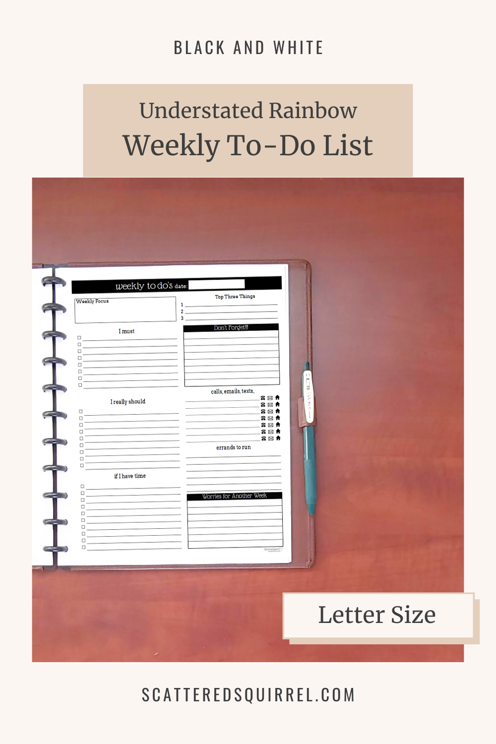 This image links to the letter size, Black and White version of the Understated Rainbow Weekly To-Do List pdf printable.