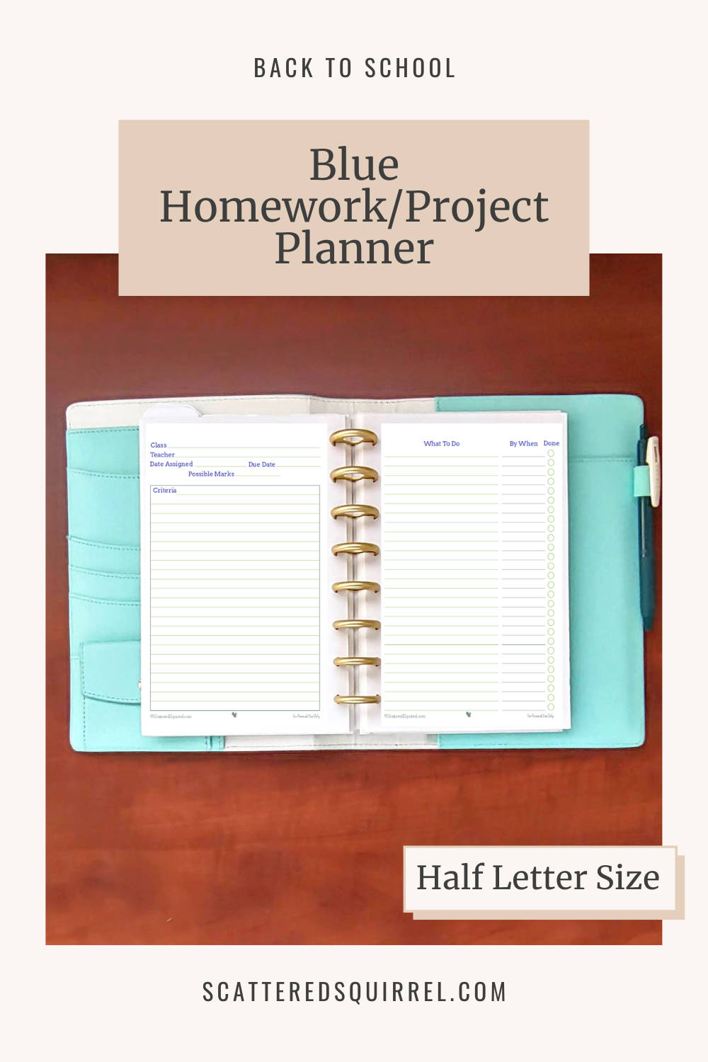 This image links to the half letter size Blue Homework/Project Planner pdf printable.