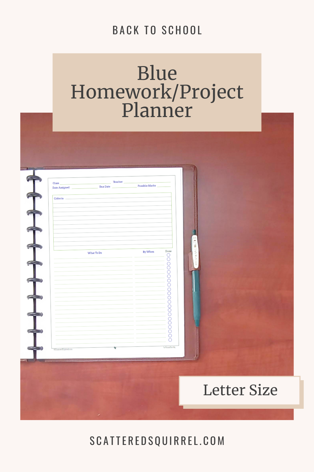 This image links to the letter size Blue Homework/Project Planner pdf printable.