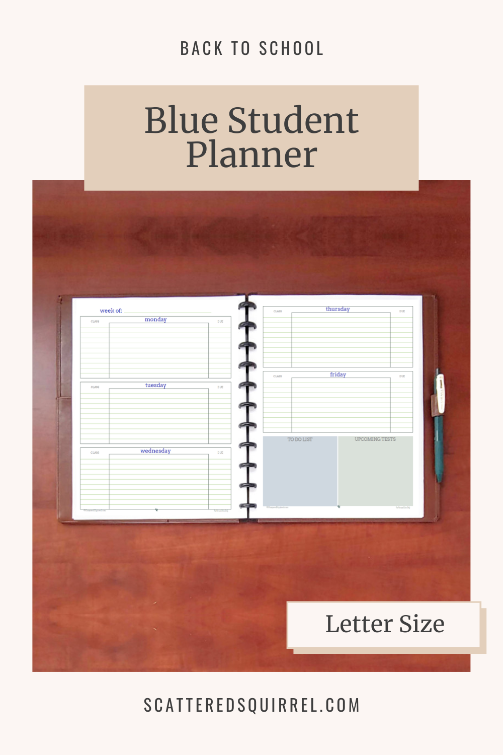 This image links to the letter size Blue Student Planner pdf printable.