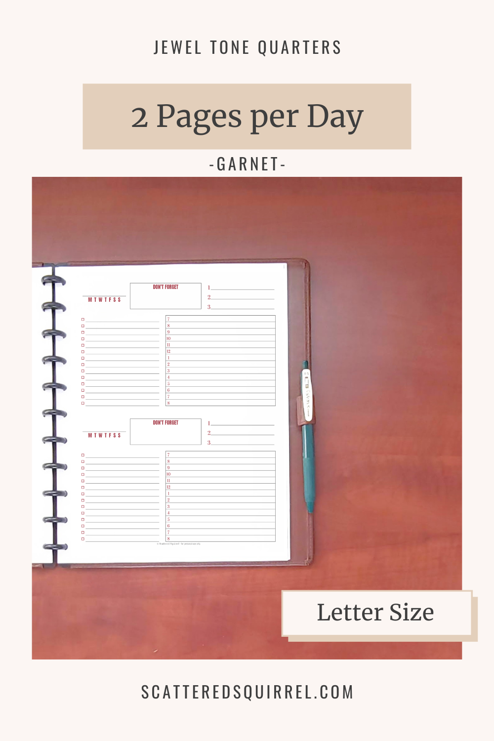 This image links to the letter size, Daily Two Days per page planner pdf printable in the colour Garnet. It's part of the Jewel Tone Quarters Collection of planner printables.