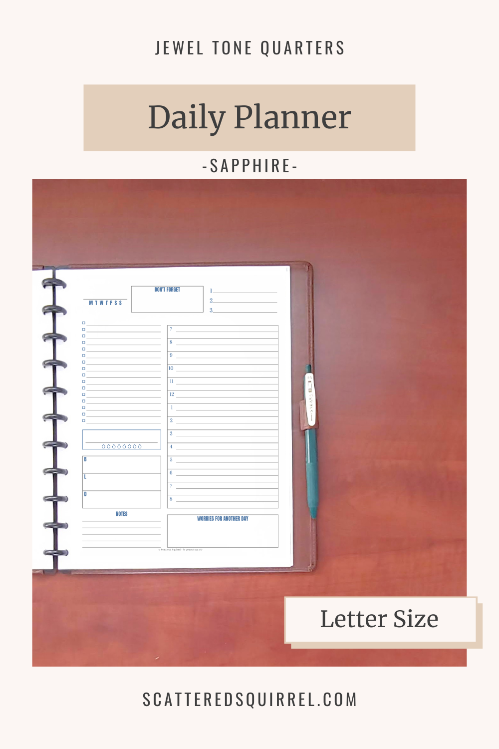 This image links to the letter size, Daily Planner pdf printable in the colour Sapphire. It's part of the Jewel Tone Quarters Collection of planner printables.