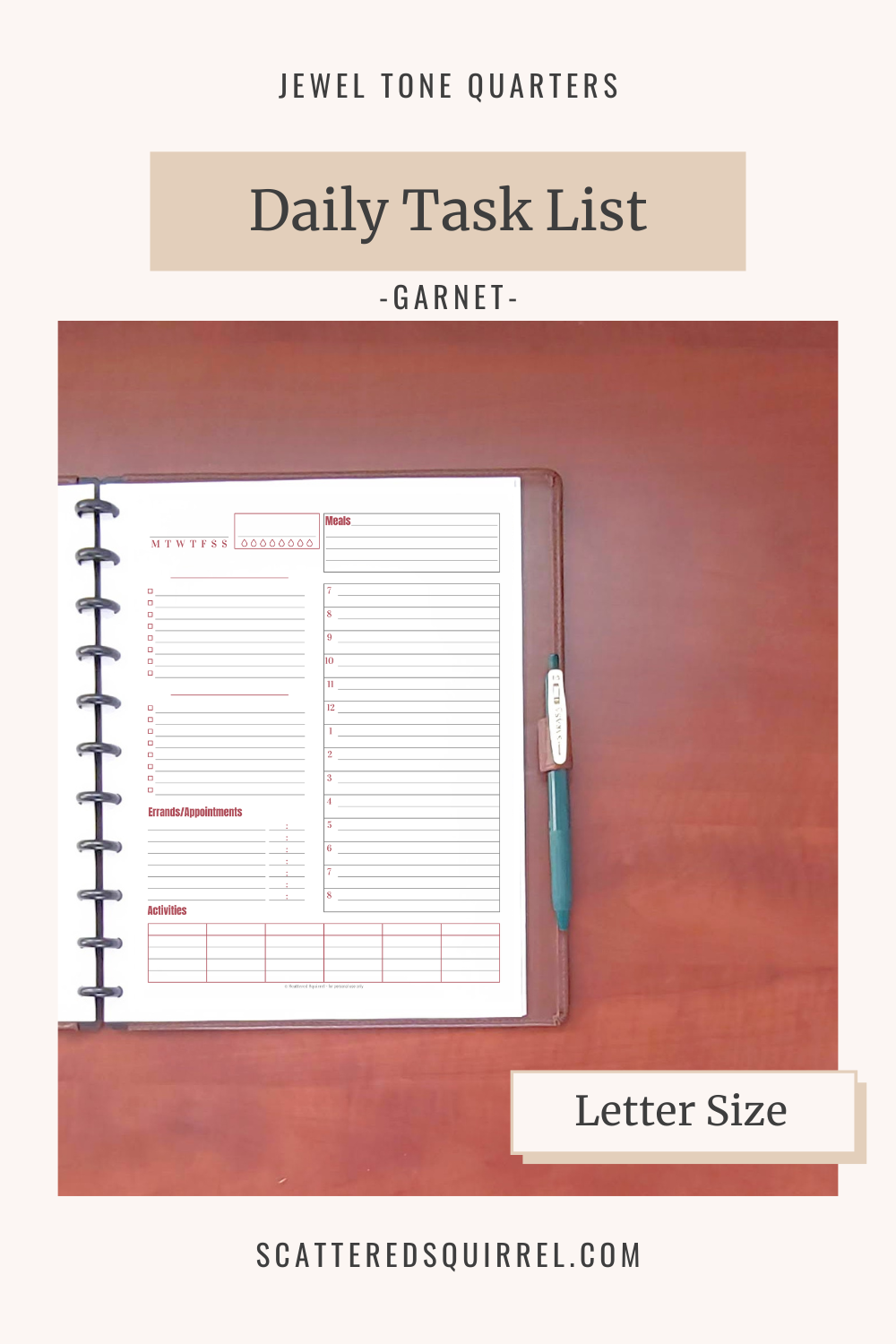 This image links to the letter size, Daily Task List planner pdf printable in the colour Garnet. It's part of the Jewel Tone Quarters Collection of planner printables.