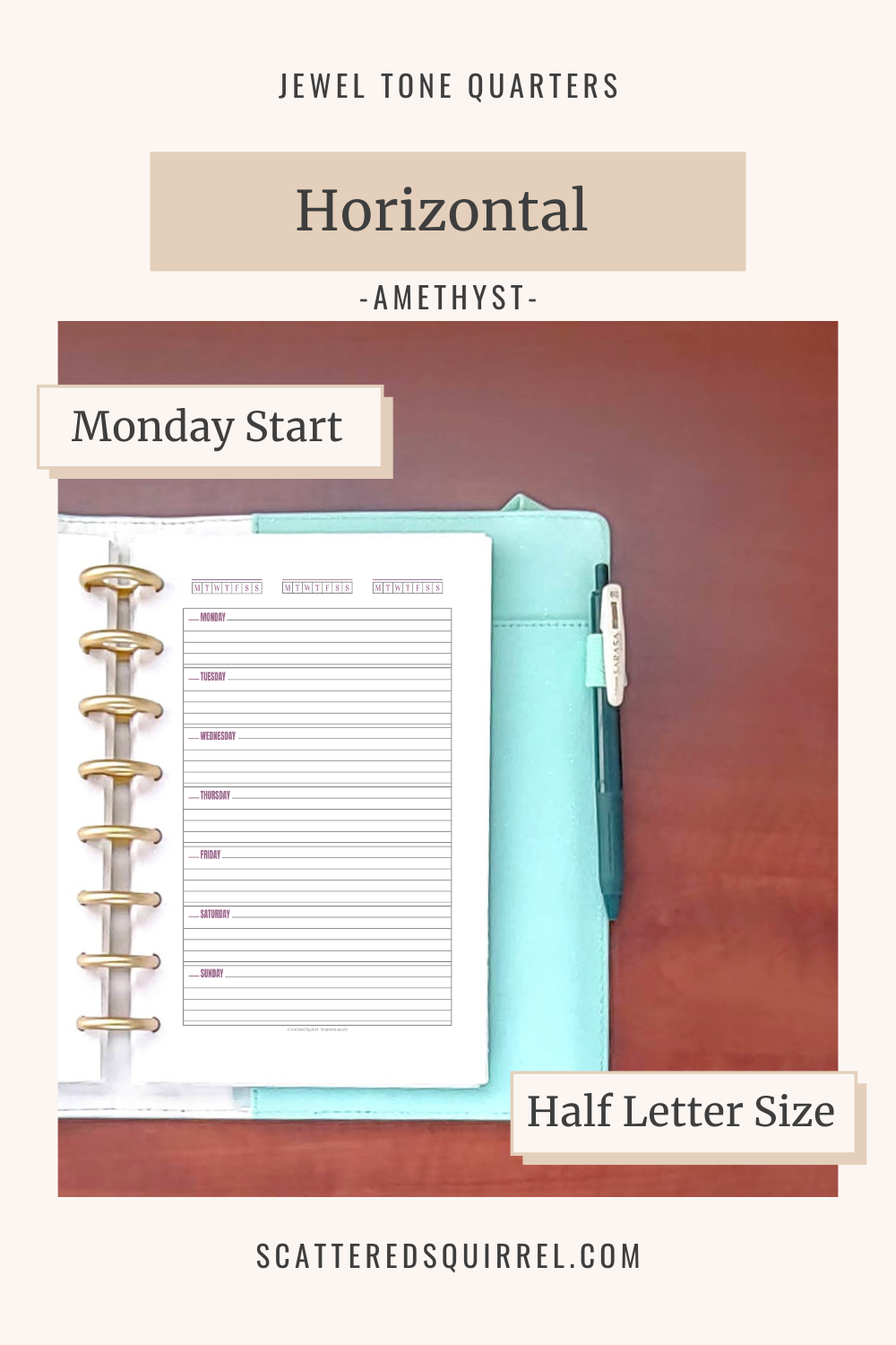 This image links to the half letter size, Monday start, Horizontal Weekly planner pdf printable in the colour Amethyst. It's part of the Jewel Tone Quarters Collection of planner printables.