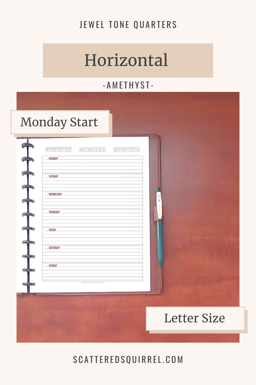 This image links to the letter size, Monday start, Horizontal Weekly planner pdf printable in the colour Amethyst. It's part of the Jewel Tone Quarters Collection of planner printables.