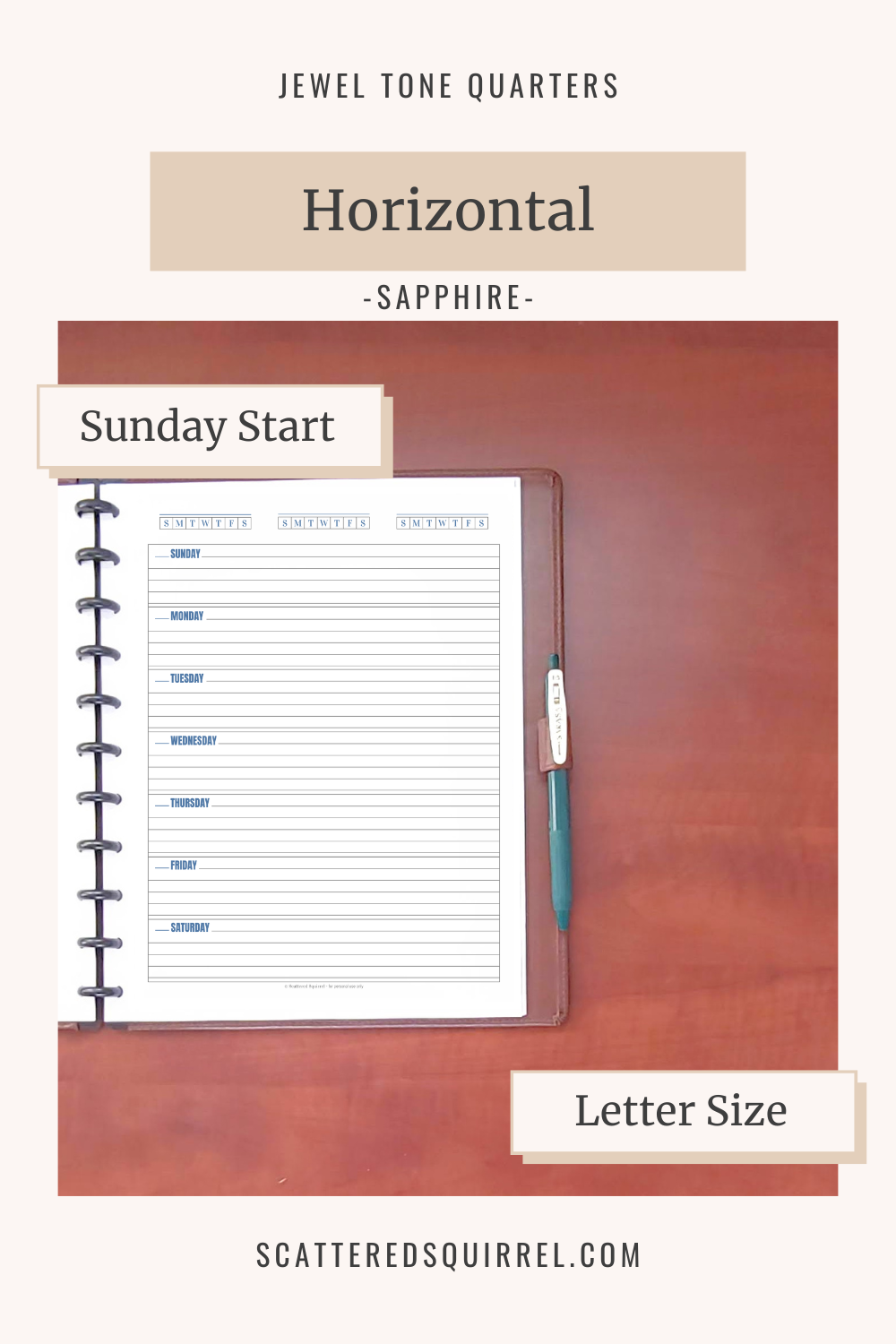 This image links to the letter size, Sunday start, Horizontal Weekly planner pdf printable in the colour Sapphire. It's part of the Jewel Tone Quarters Collection of planner printables.