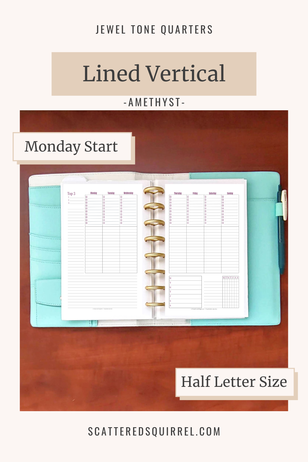 This image links to the half letter size, Monday start, Lined Vertical 2 Pages per Week planner pdf printable in the colour Amethyst. It's part of the Jewel Tone Quarters Collection of planner printables.