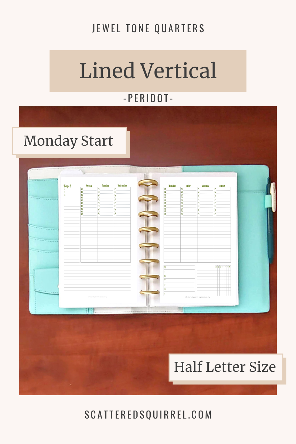 This image links to the half letter size, Monday start, Lined Vertical 2 Pages per Week planner pdf printable in the colour Peridot. It's part of the Jewel Tone Quarters Collection of planner printables.