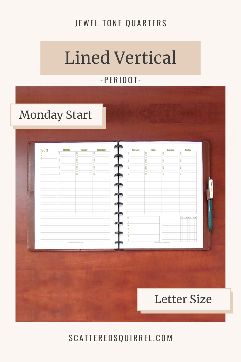 This image links to the letter size, Monday start, Lined Vertical 2 Pages per Week planner pdf printable in the colour Peridot. It's part of the Jewel Tone Quarters Collection of planner printables.