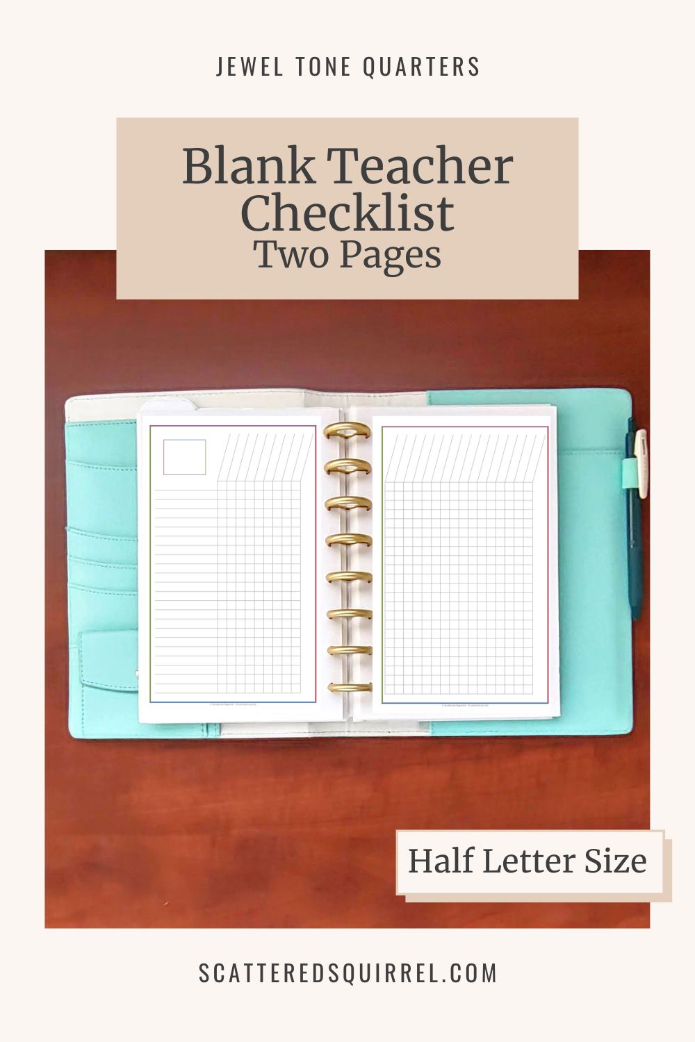 This image links to the half letter size, two pages, Blank Teacher Checklist pdf printable in the colour Garnet. It's part of the Jewel Tone Quarters Collection of planner printables.