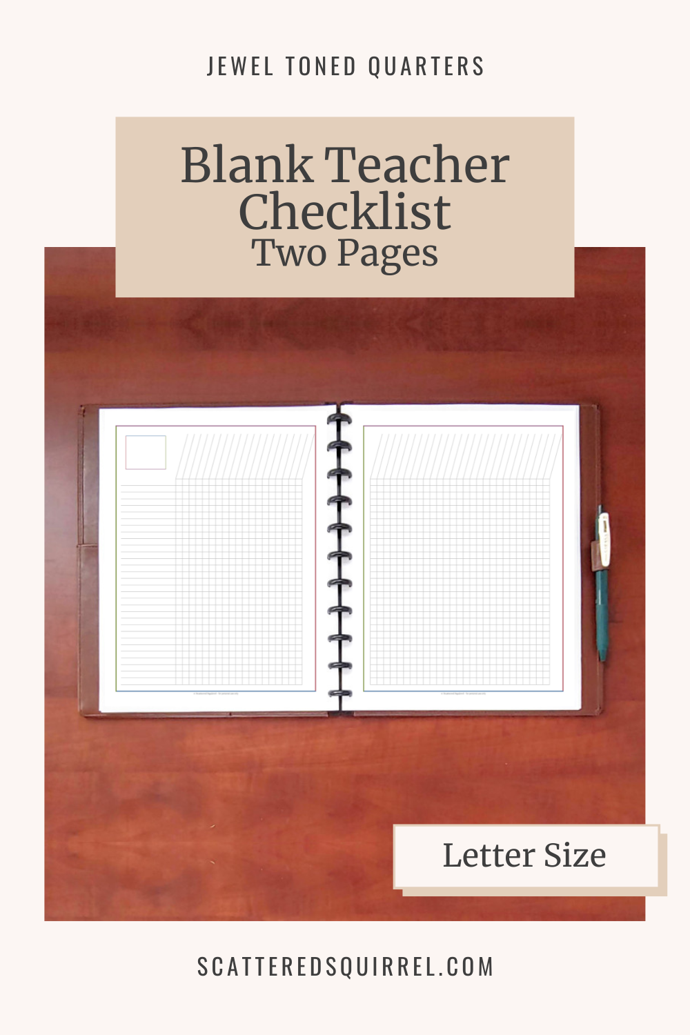 This image links to the letter size, two pages, Blank Teacher Checklist pdf printable in the colour Garnet. It's part of the Jewel Tone Quarters Collection of planner printables.