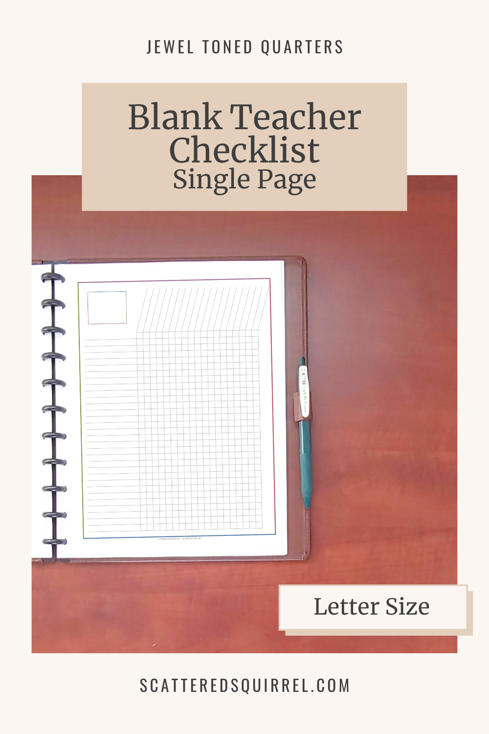 This image links to the letter size, single page, Blank Teacher Checklist pdf printable in the colour Garnet. It's part of the Jewel Tone Quarters Collection of planner printables.