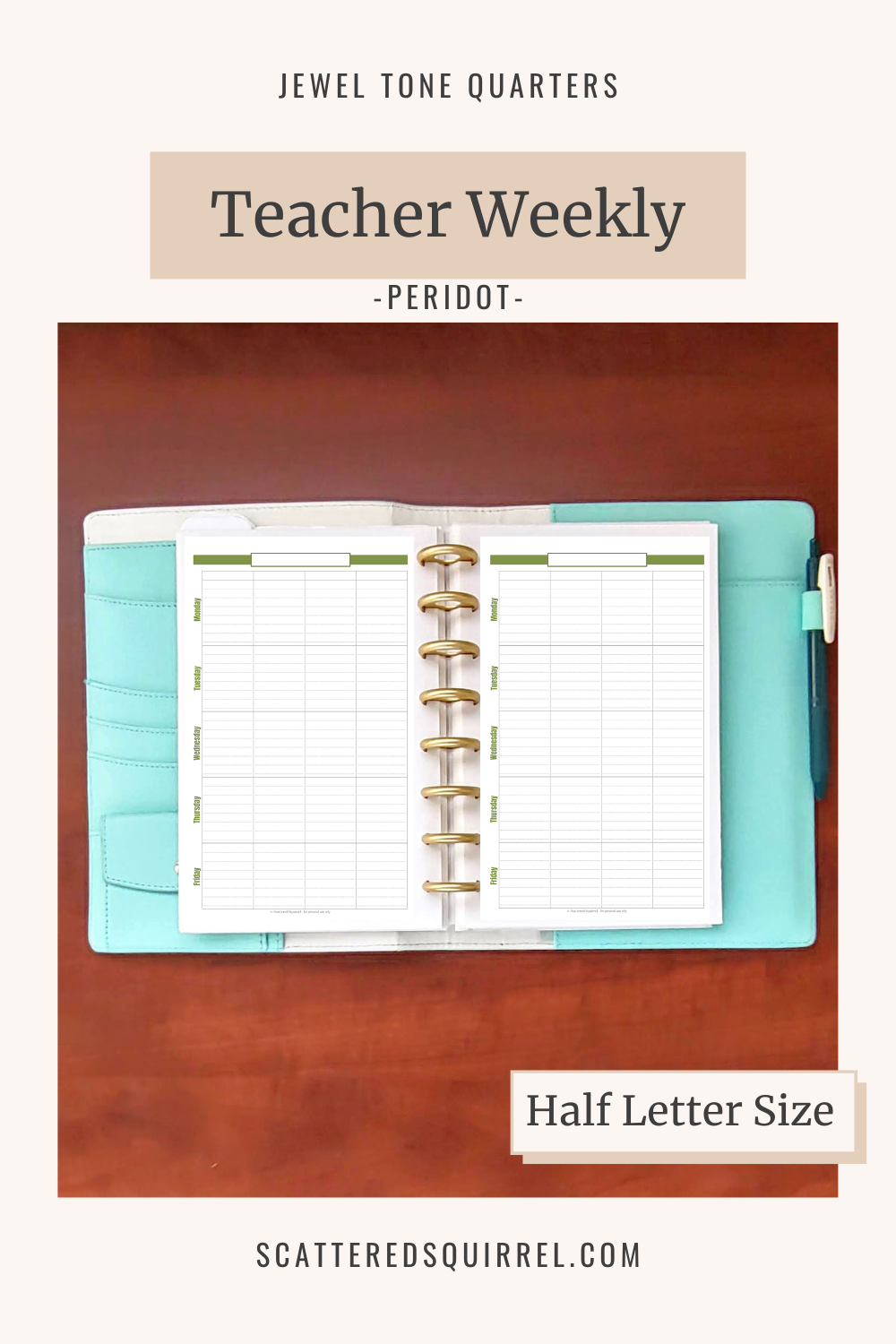 This image links to the half letter size, Teacher Weekly planner pdf printable in the colour Peridot. It's part of the Jewel Tone Quarters Collection of planner printables.