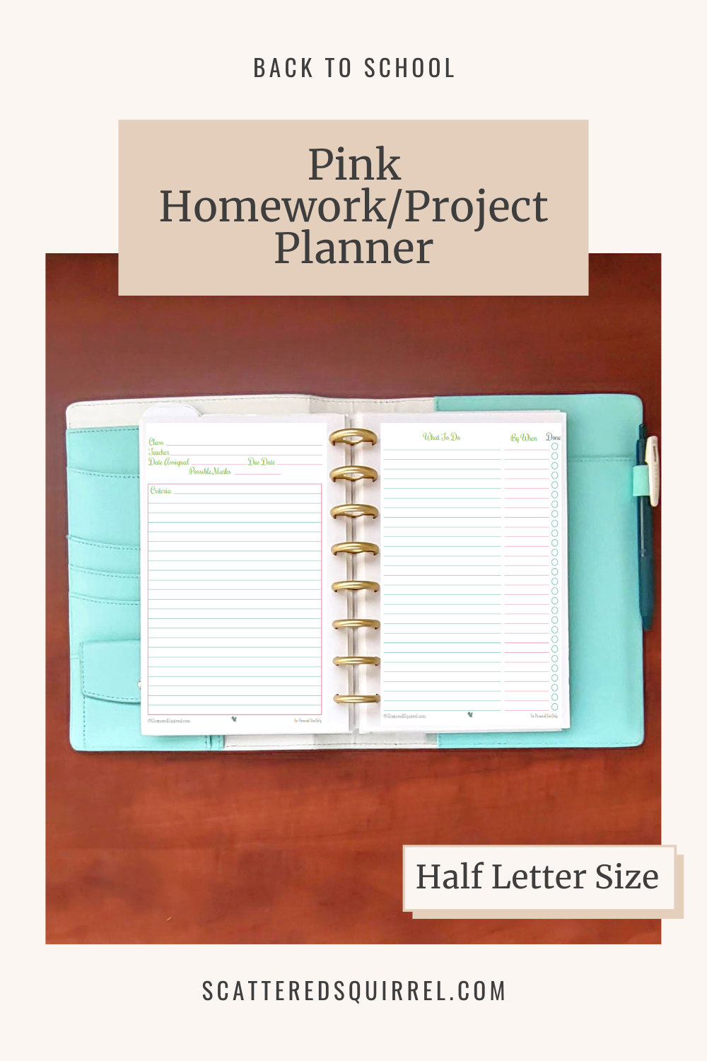 This image links to the half letter size Pink Homework/Project Planner pdf printable.