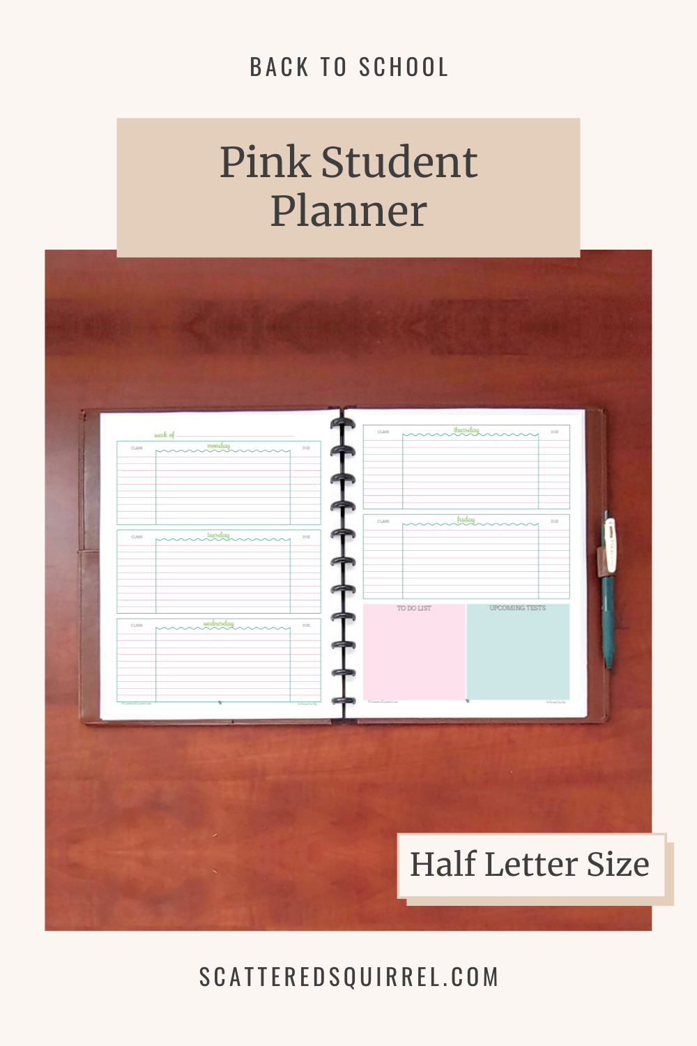 This image links to the half letter size Pink Student Planner pdf printable.