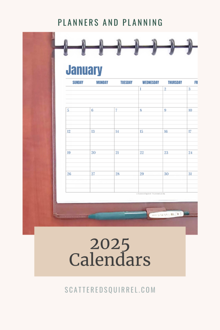 This image is a tall tan rectangle. At the top, in dark green, capitalized, sans serif text are the words "Planners and Planning". Below that is a photo that partially shows a planner lying open on a wooden desk. The planner binding is at the top of the photo and the page is in landscape orientation and shows a dated calendar that says January. Overlapping the bottom of the photo and the tan background is a beige box that has "2025 Calendars" written in dark grey serif text.