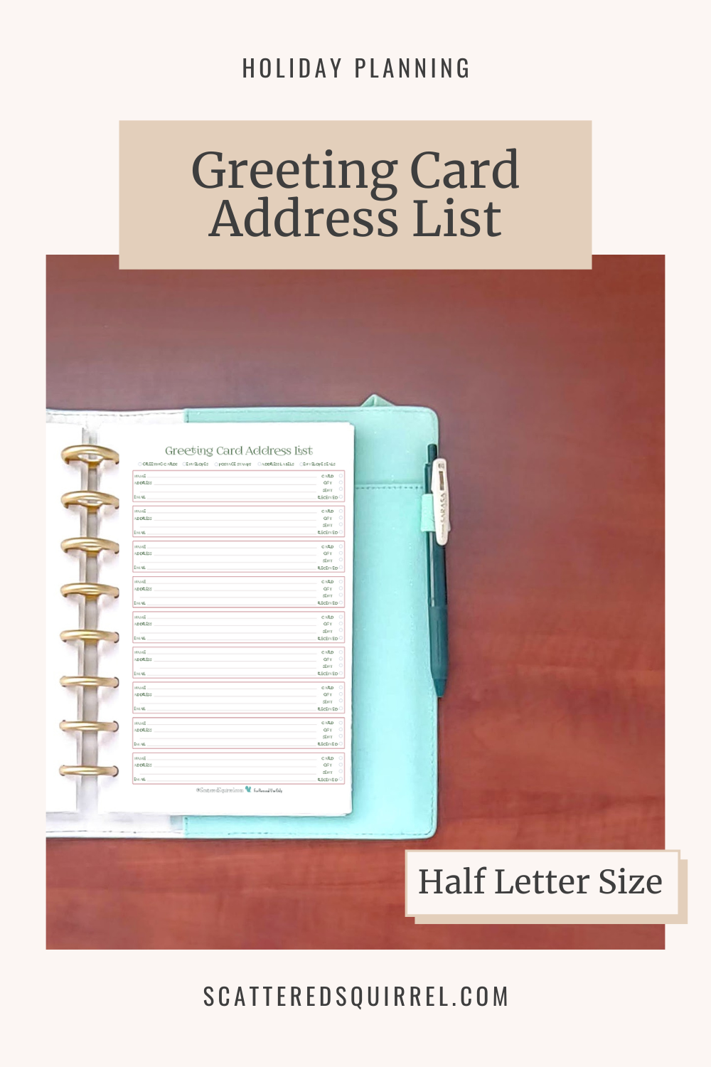 This image links to the half letter size, Greeting Card Address List pdf printable.